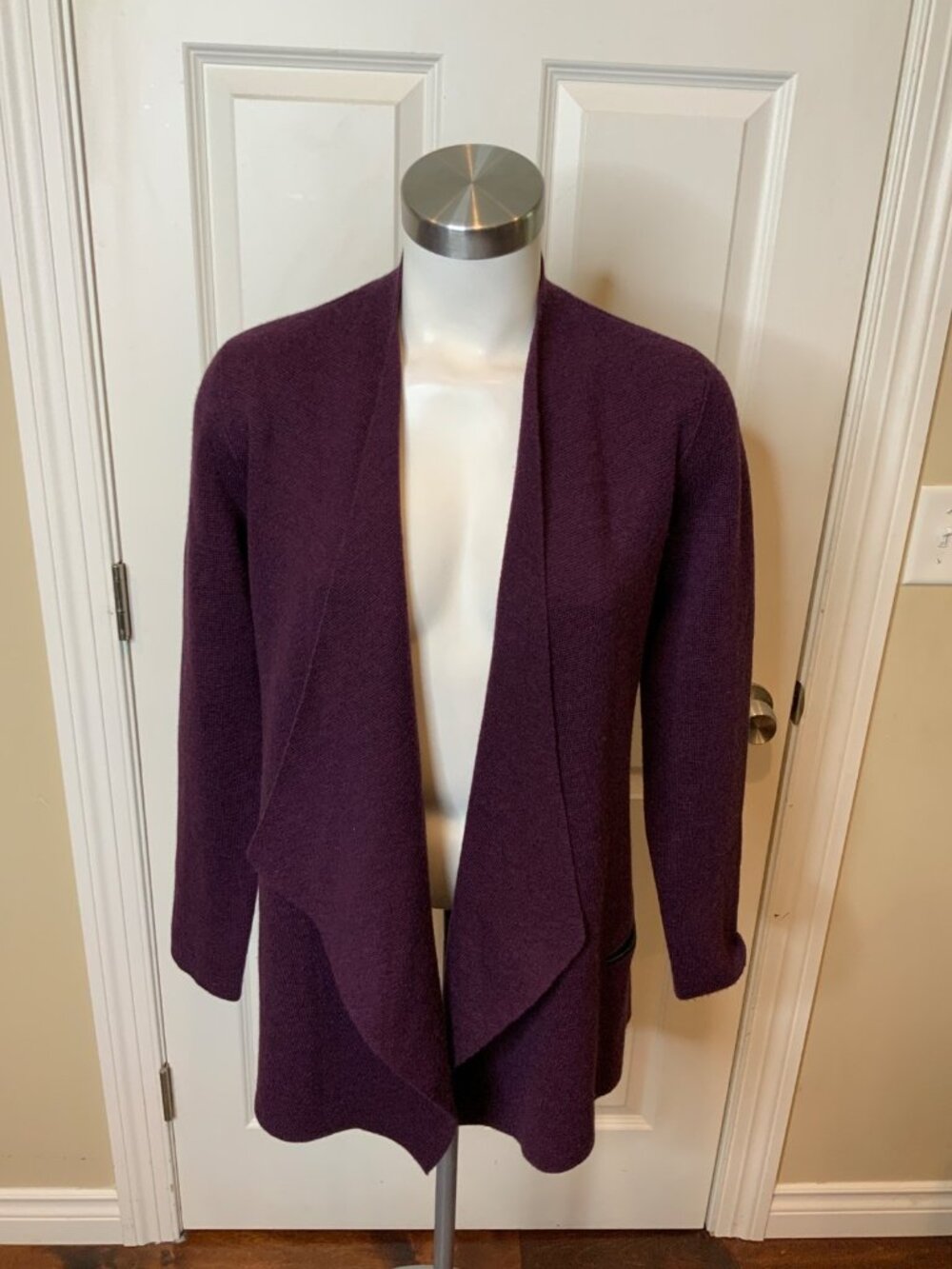Eileen Fisher Plum 100% Merino Wool Open Front Knit Cardigan, Size S